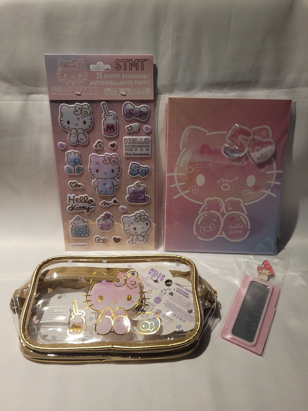 NWT Hello Kitty x Studio Oh! 50th Gold Clear Cosmetic Pouch w/ Stationery Set
